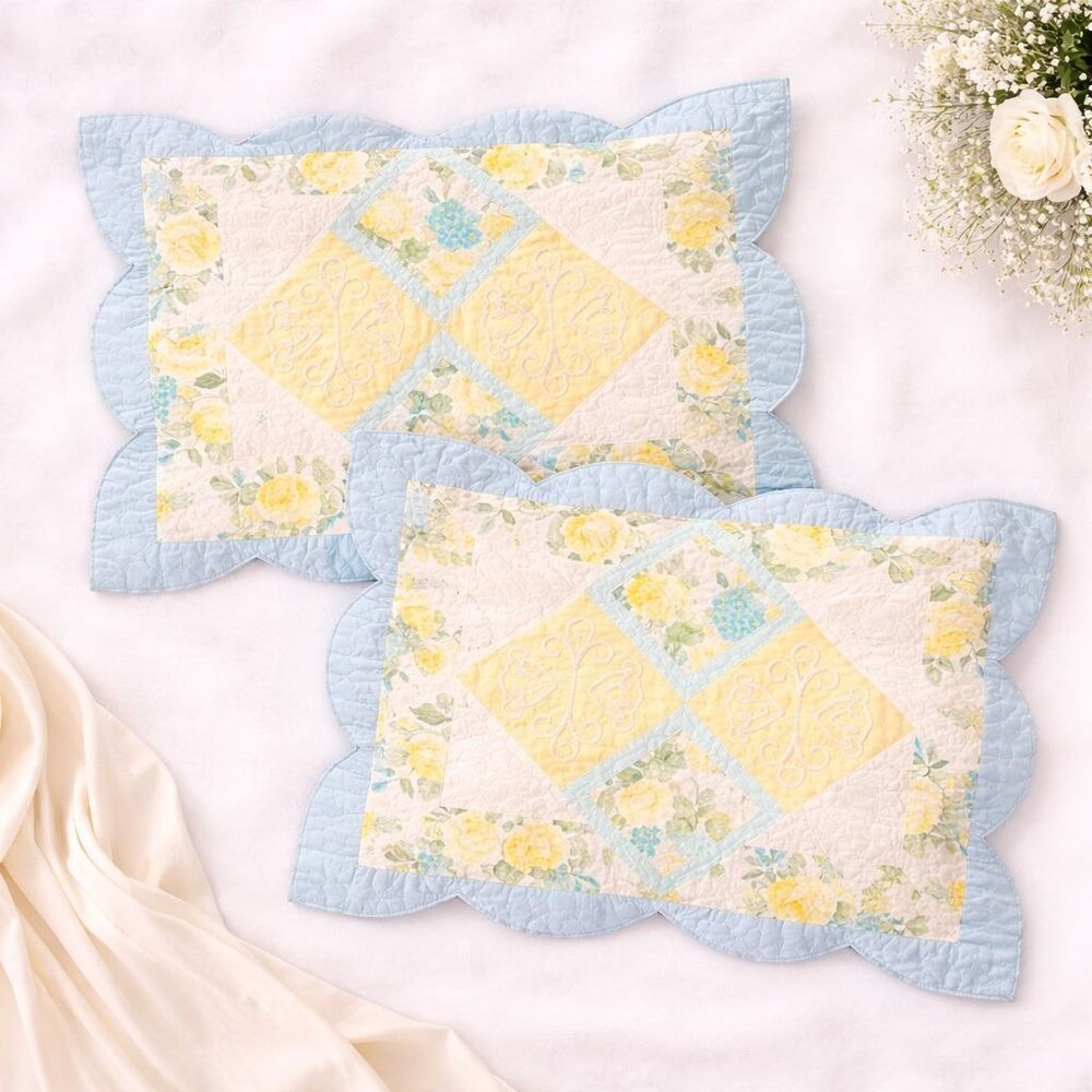 Jacqueline Floral Pillow Sham Set of 2 Romantic Chic Patchwork Scalloped Edges